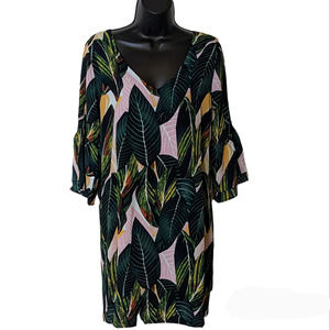 Belongsci Green Leaf V-Neck Knee Length Dress w/ Flounce Bell Sleeves Size S NEW